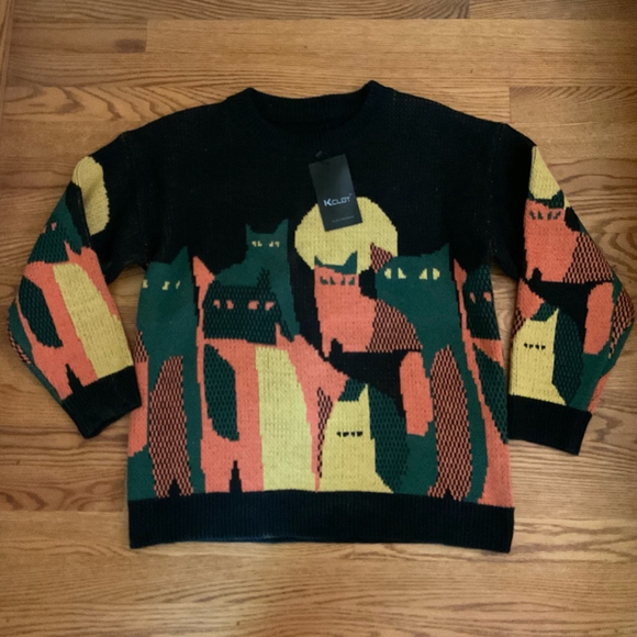 Women's NWT Black Orange Multi Cat Halloween Crew Neck Sweater Size Medium - Picture 8 of 9